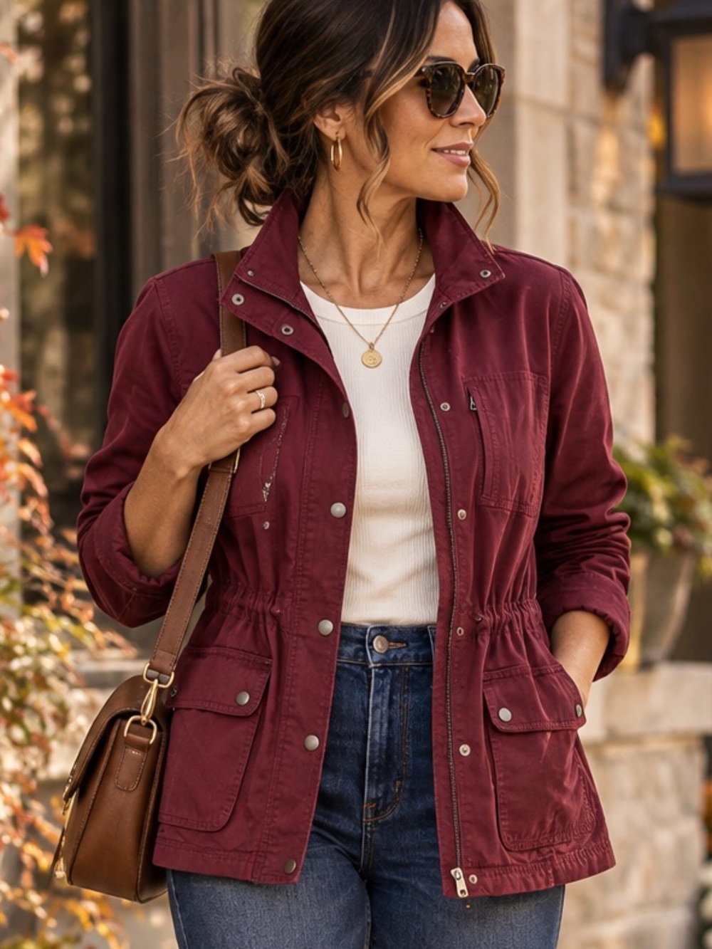 Talbots Burgundy Utility Field Jacket Women’s L 100% Cotton Snap Front Fall